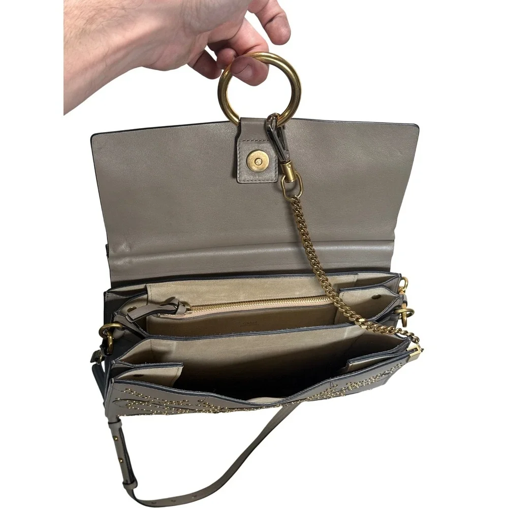 Chloe Faye Studded‎ Suede Leather Shoulder Bag Taupe Grey Gold Hardware Rare COA